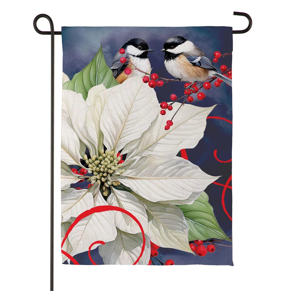 White Poinsettia & Chickadees Holiday Garden Flag | The Shops at Colonial Williamsburg