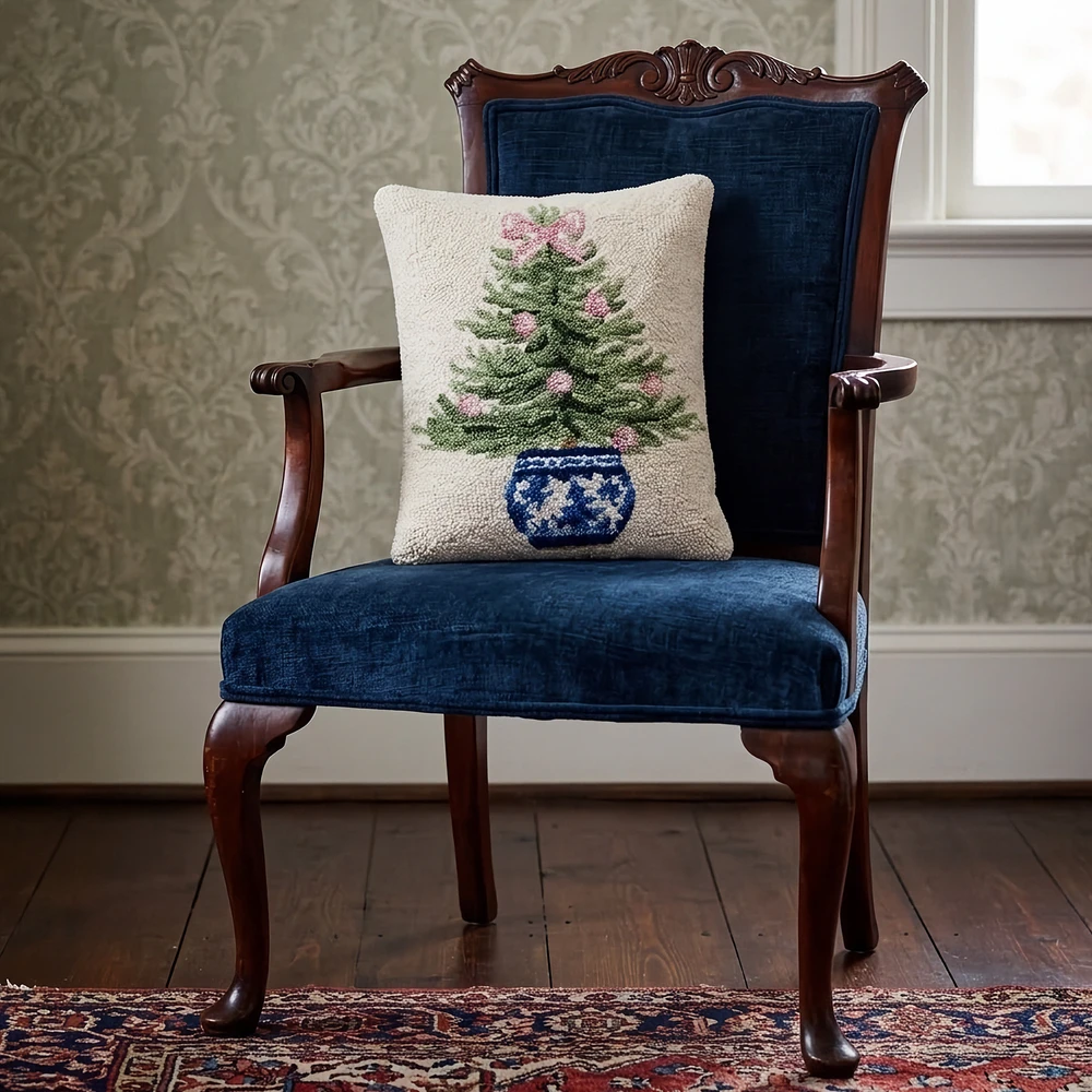 Holiday Chinoiserie Christmas Tree Hooked Wool Pillow | The Shops at Colonial Williamsburg