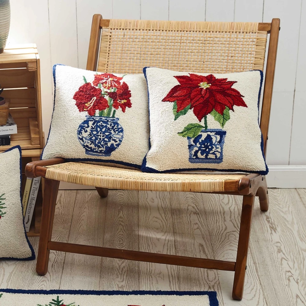 Holiday Chinoiserie Red Amaryllis Hooked Wool Throw Pillow | The Shops at Colonial Williamsburg