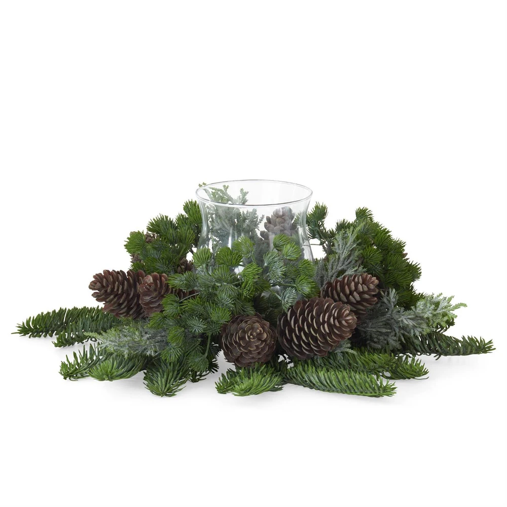 Glass Hurricane Candle Holder Centerpiece with Mixed Green Pine 16" Dia. | The Shops at Colonial Williamsburg