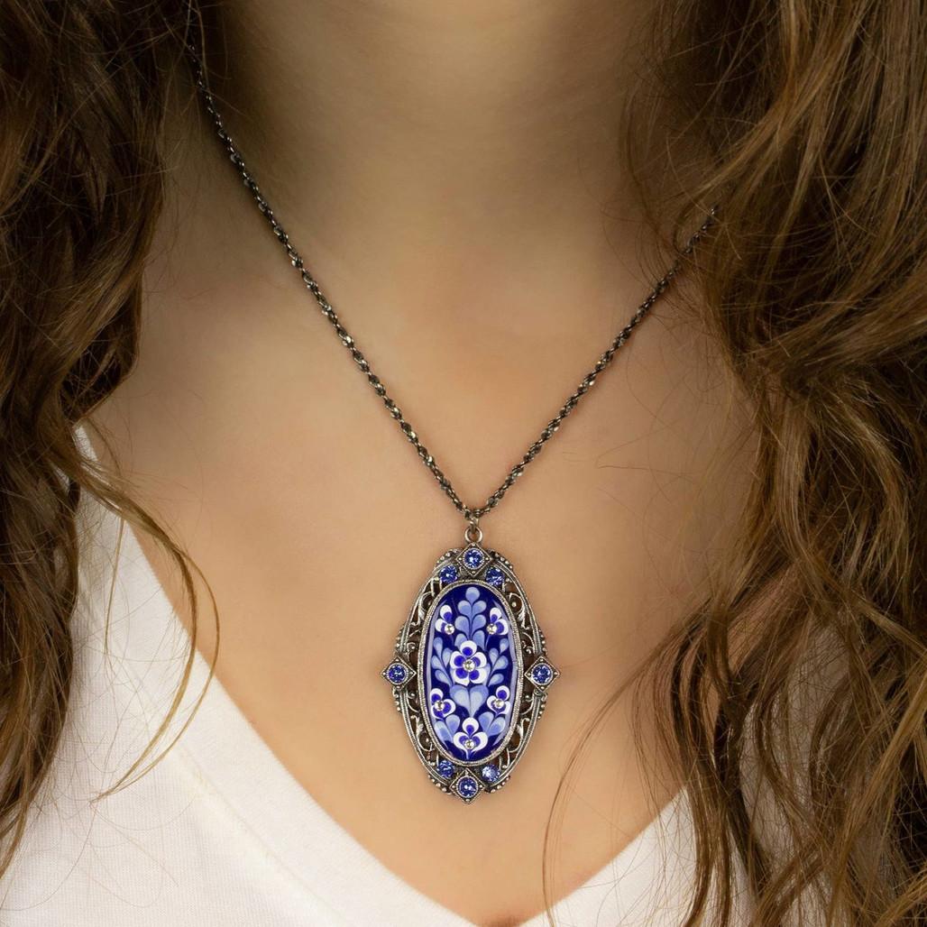 Blue & White Oval Flower Pendant Necklace with Crystals by Anne Koplik | The Shops at Colonial Williamsburg