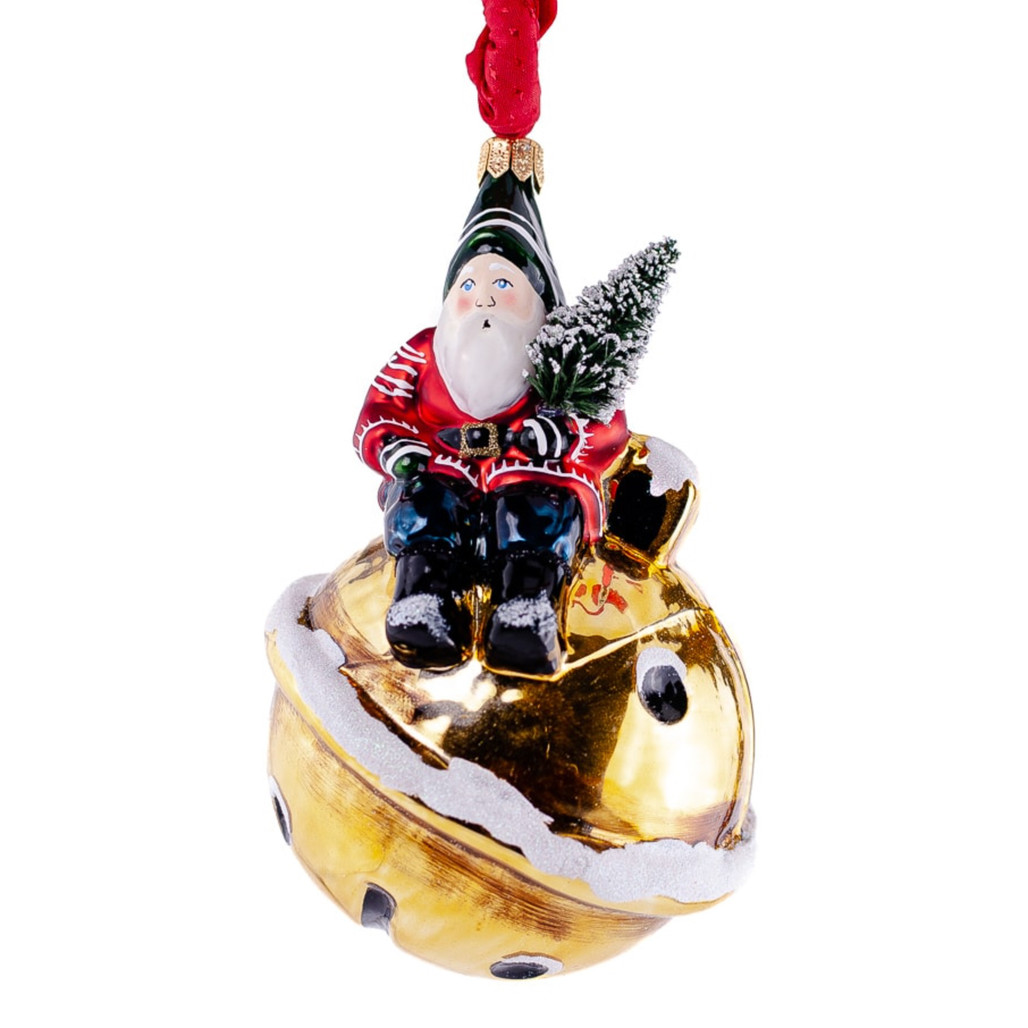 Vaillancourt Santa on Gold Sleigh Bell Ornament | The Shops at Colonial Williamsburg