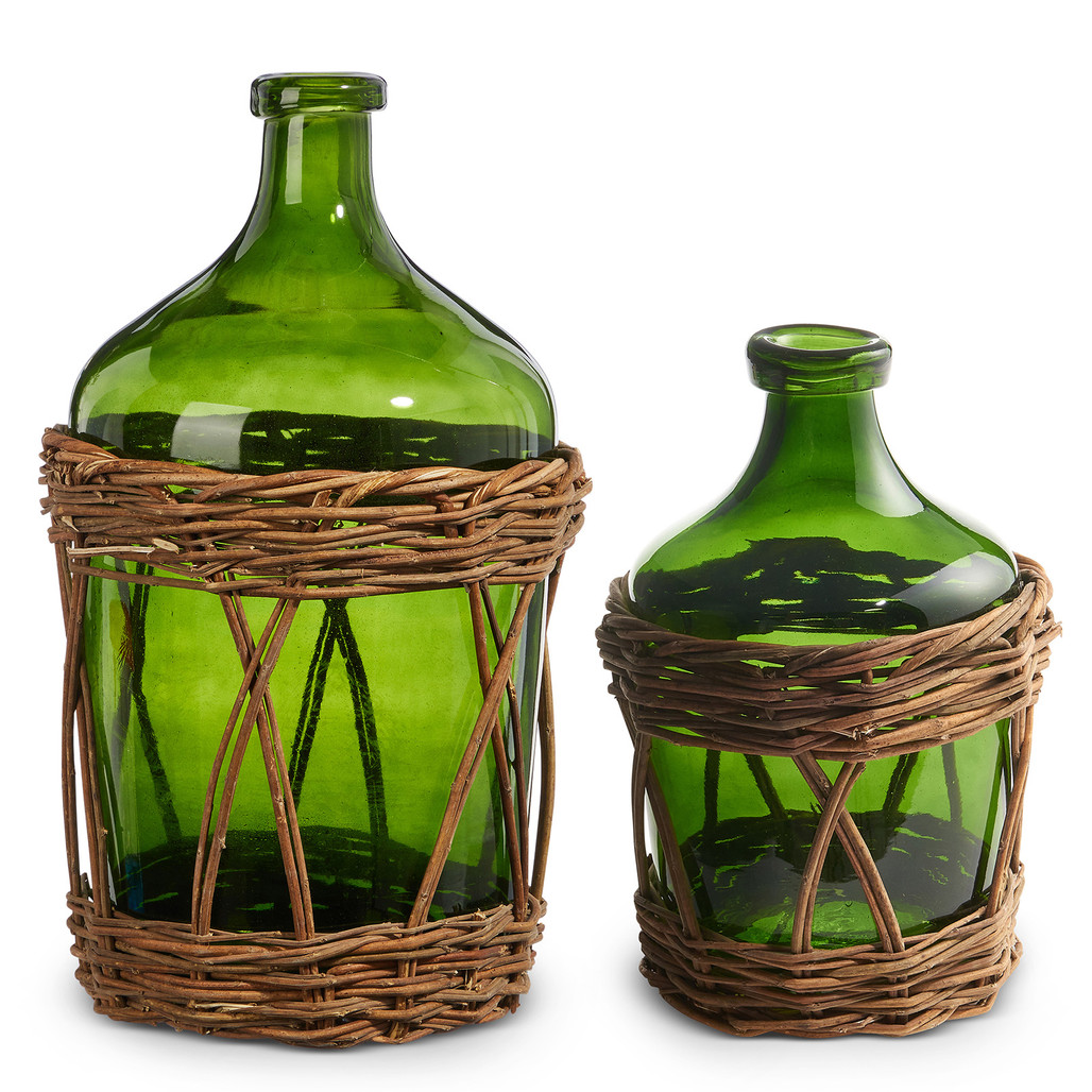 Green Demijohn Bottle in Brown Basket | The Shops at Colonial Williamsburg