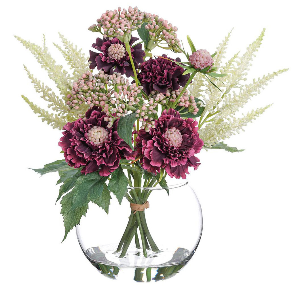 Pincushion & Astilbe Flowers in Glass Vase 12