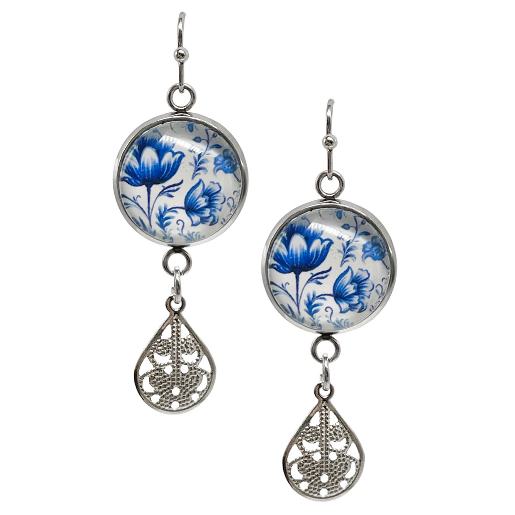 Blue & White Flower Charm Dangle Earrings