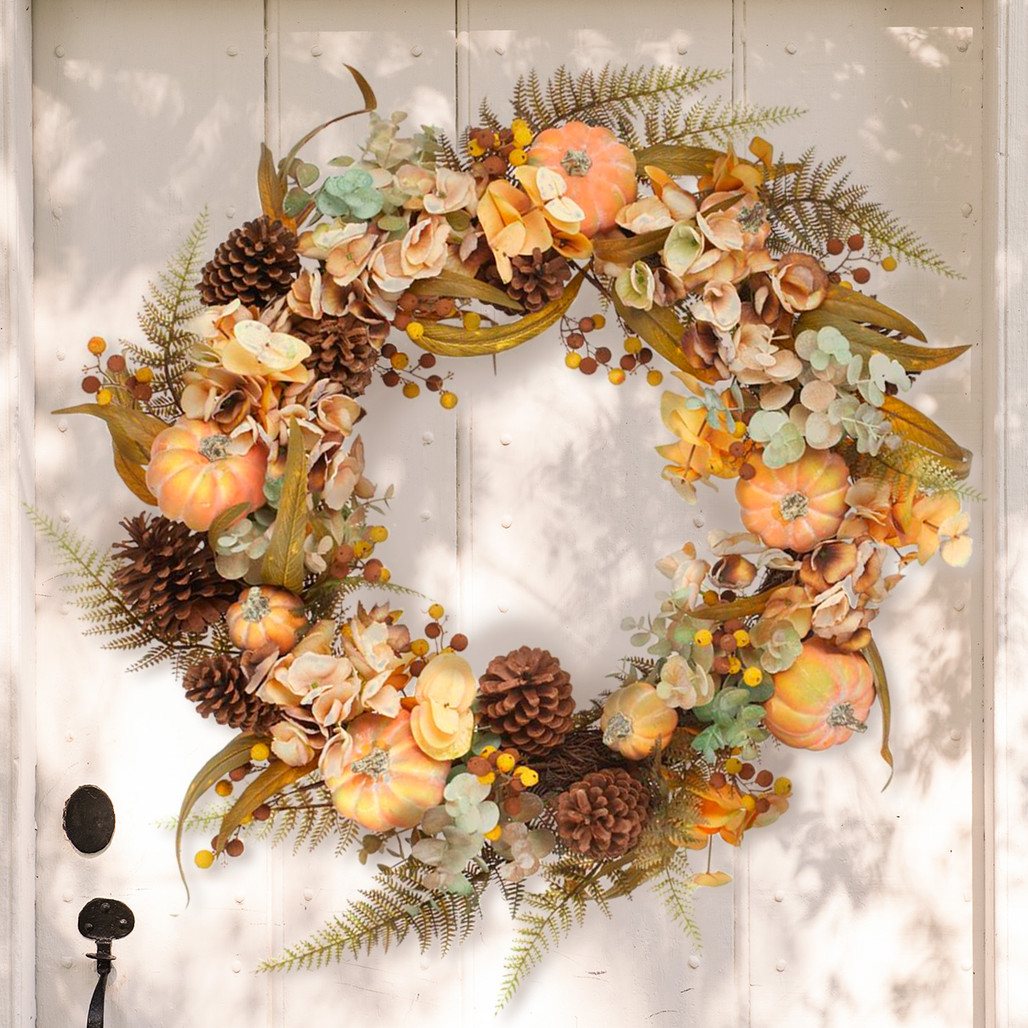 Orange Pumpkin & Hydrangea Fall Wreath 26