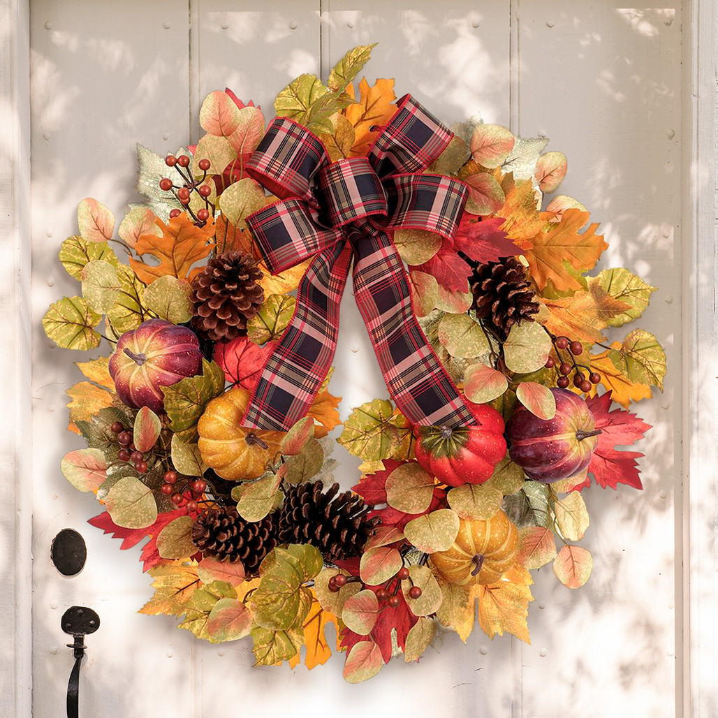 Pumpkin, Pinecone, and Maple Leaves Fall Wreath 24