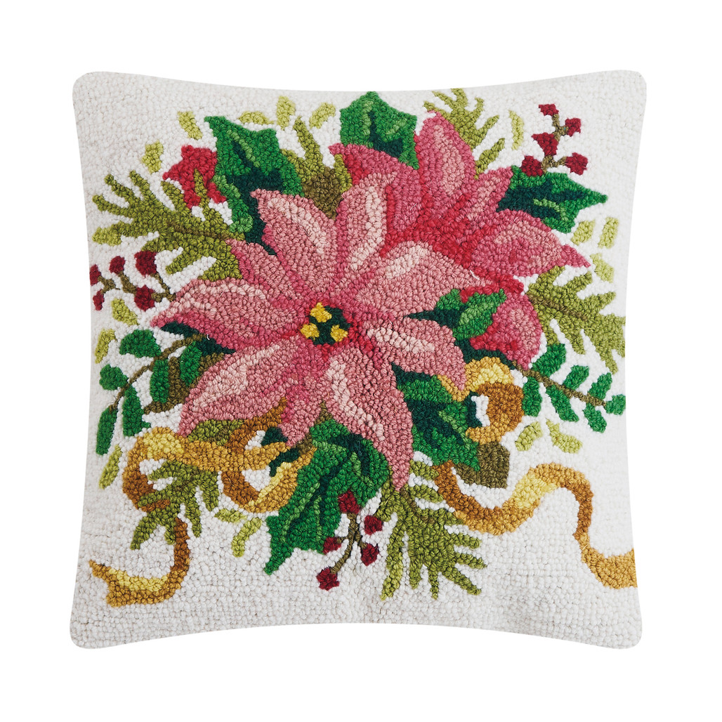 Pink Poinsettia Hooked Wool Holiday Pillow 16" | The Shops at Colonial Williamsburg