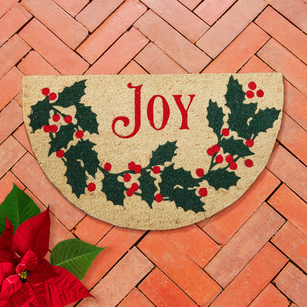 oy Green Holly Branches Half Circle Coir Doormat