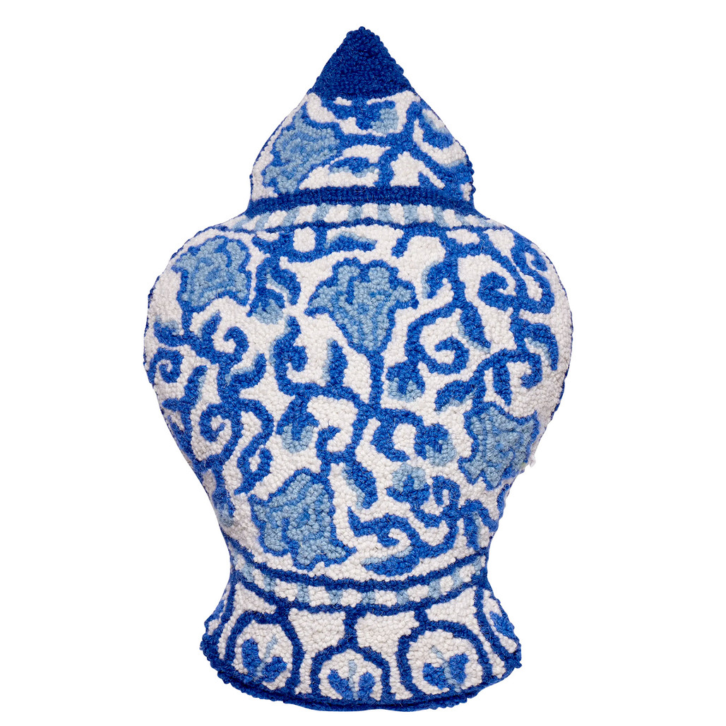 Blue and White Ginger Jar Shaped Hooked Wool Pillow | The Shops at Colonial Williamsburg