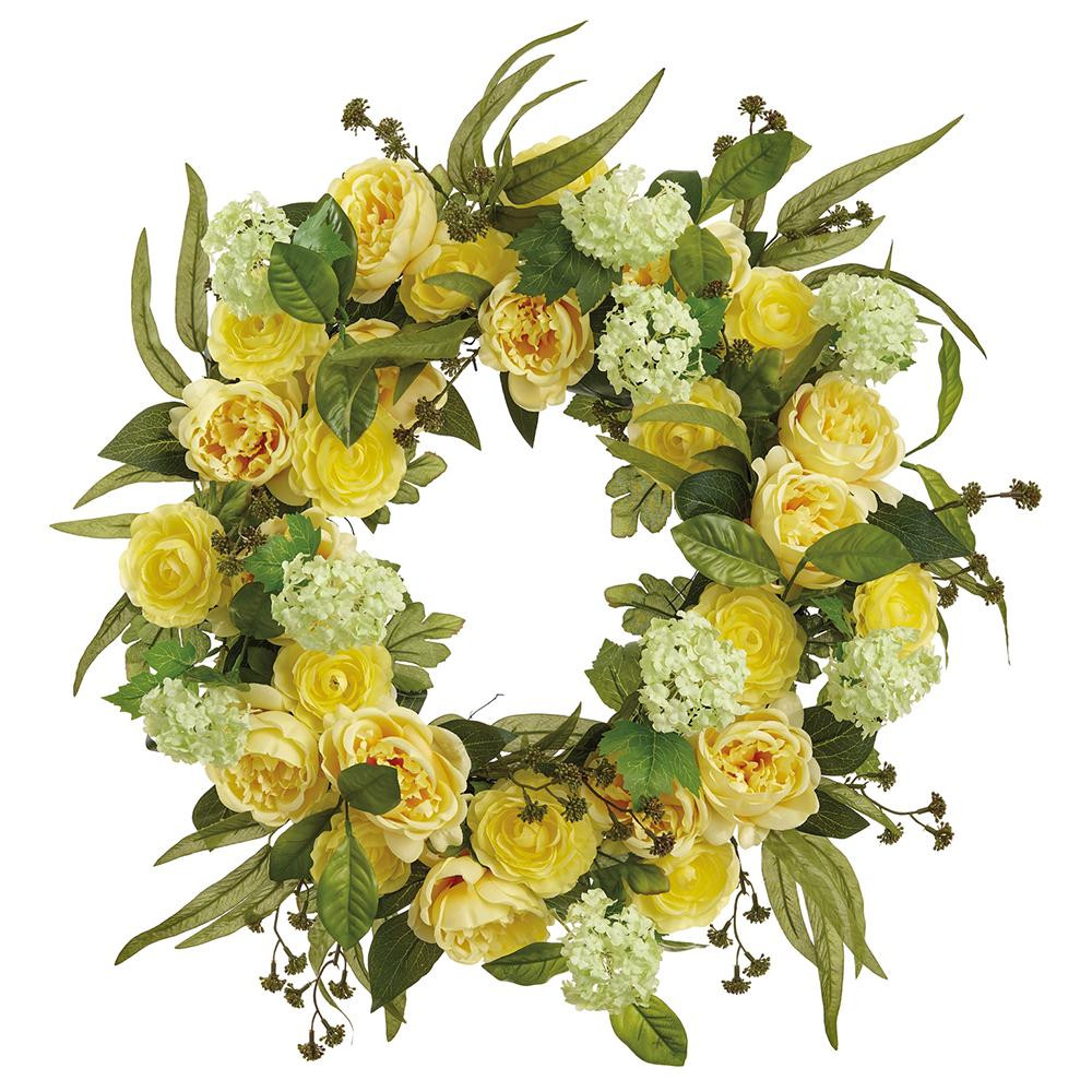 Yellow Cabbage Rose & Snowball Hydrangea Wreath 28" | The Shops at Colonial Williamsburg