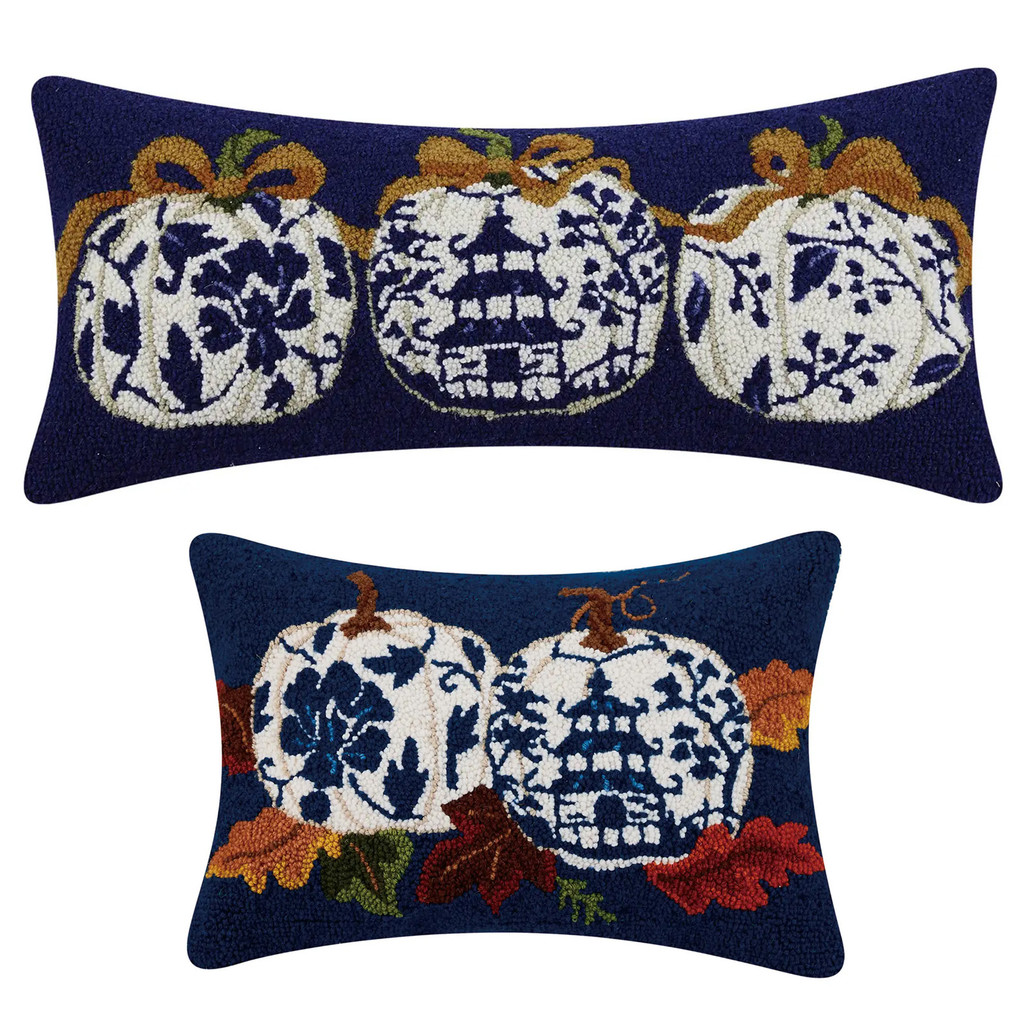 Blue Chinoiserie Pumpkins Hooked Wool Fall Throw Pillow | The Shops at Colonial Williamsburg