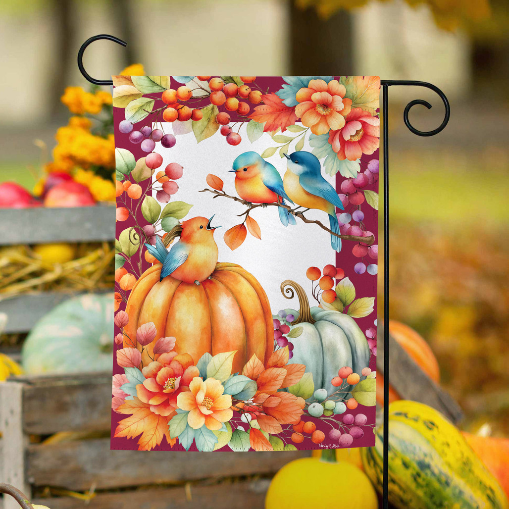 Multicolor Pumpkins, Berries, and Blue Birds Fall Garden Flag | The Shops at Colonial Williamsburg