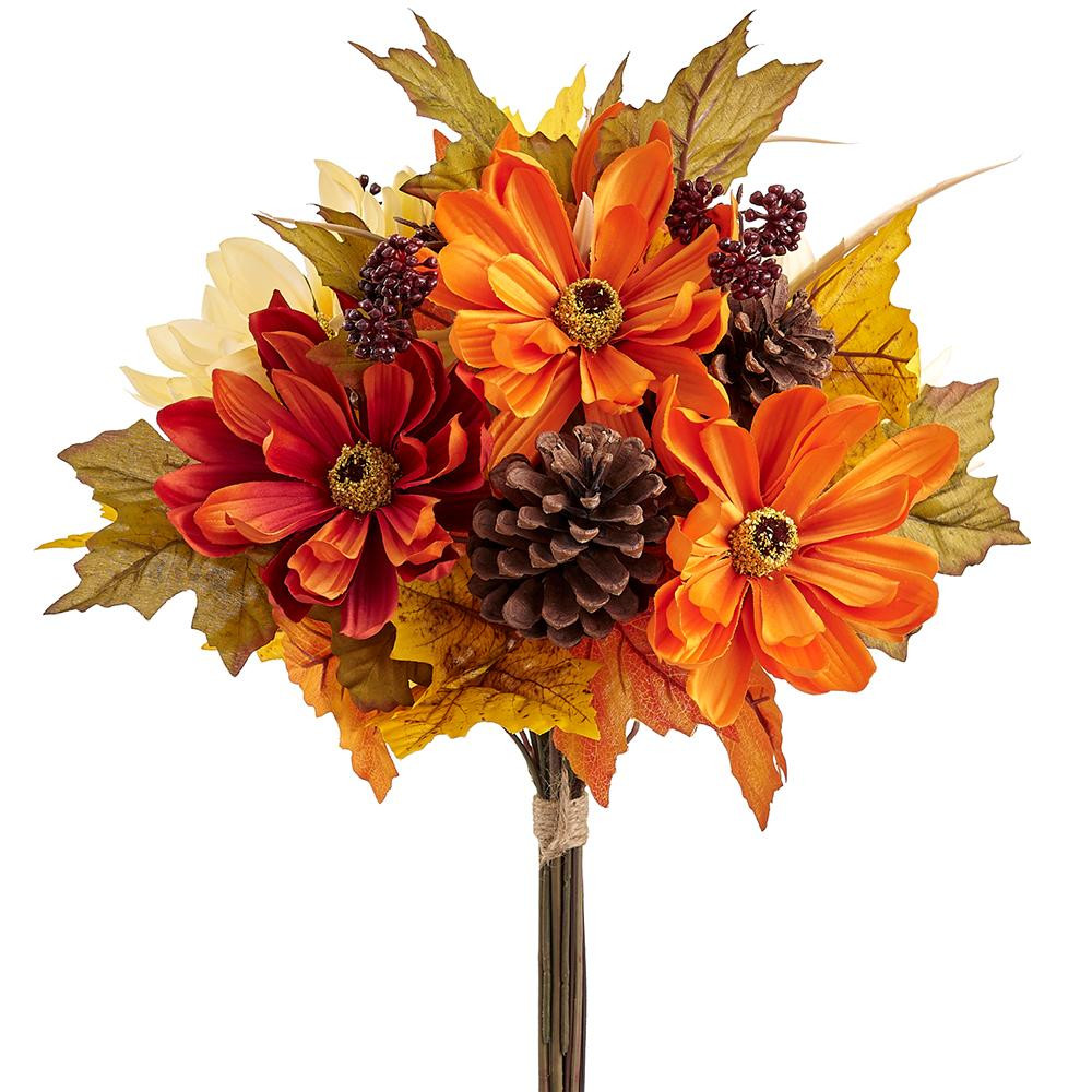 Orange Daisy, Pine Cone, and Maple Leaf Fall Bouquet 16"H | The Shops at Colonial Williamsburg