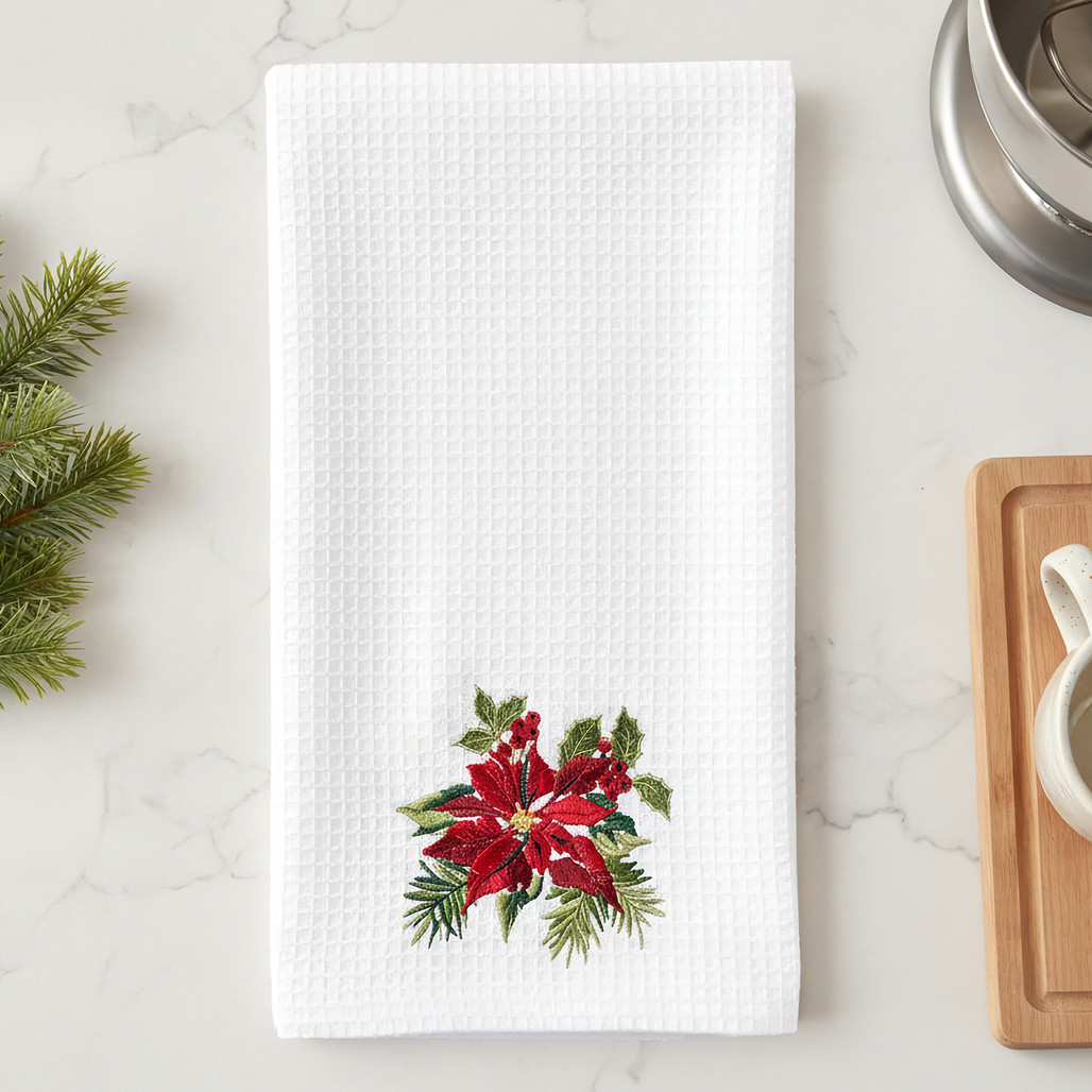 Red Poinsettia Embroidered Kitchen Towel | The Shops at Colonial Williamsburg