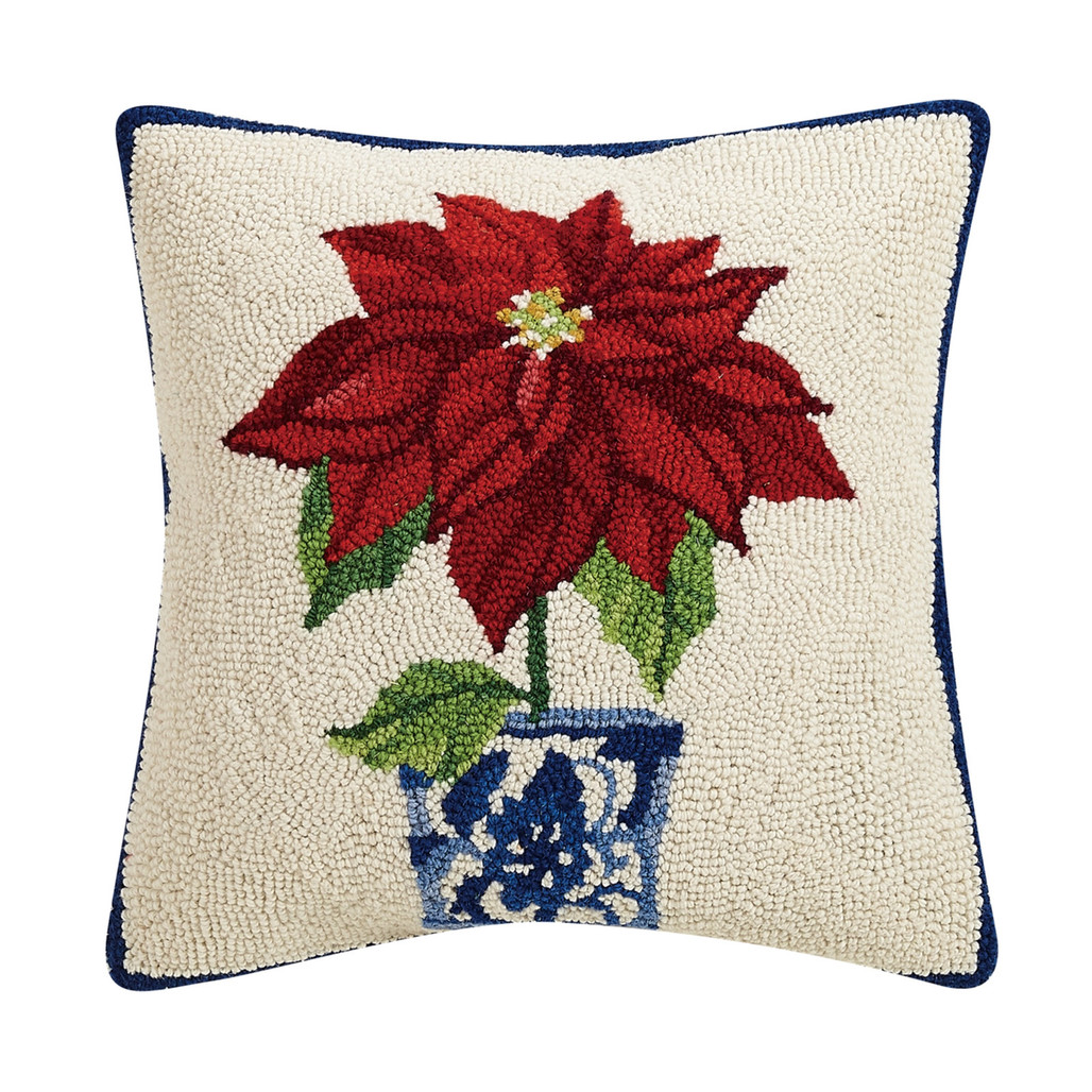 Holiday Chinoiserie Red Poinsettia Hooked Wool Throw Pillow | The Shops at Colonial Williamsburg