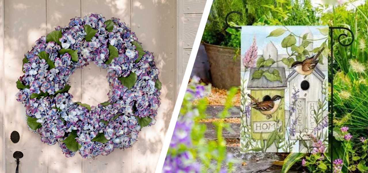 Picture of Blue Hydrangea Wreath and spring garden flag.