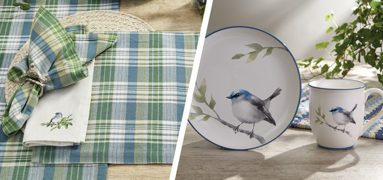 Picture of Wren table linens and Aviary plate and mug.