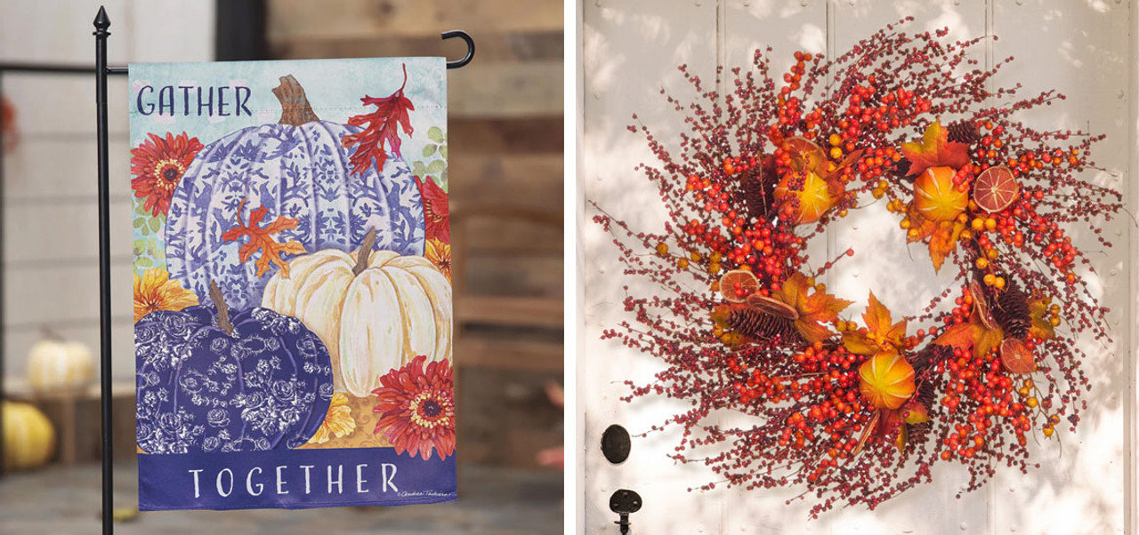 Picture of a fall garden flag and wreath.