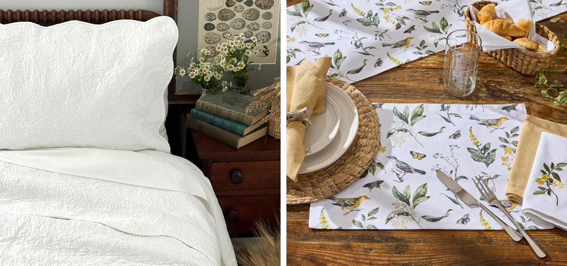Picture of Christiana Quilt Set in White and Hayes Botanical Table Linens