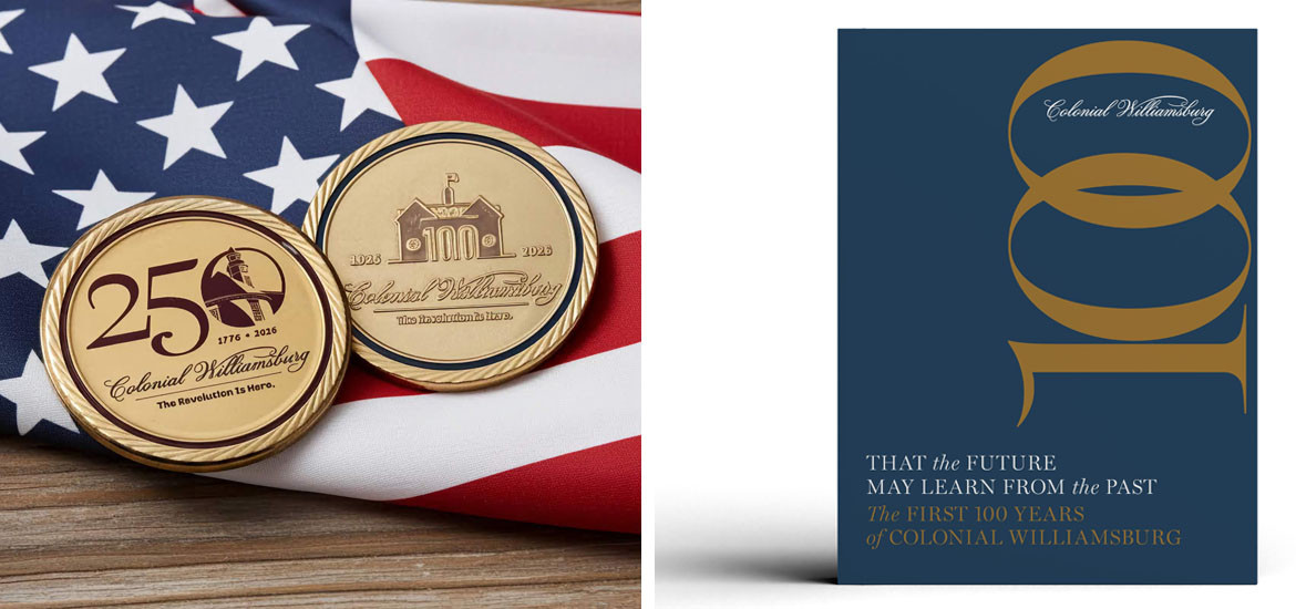 Picture of Colonial Williamsburg anniversary challenge coin and Colonial Williamsburg 100 Years book.