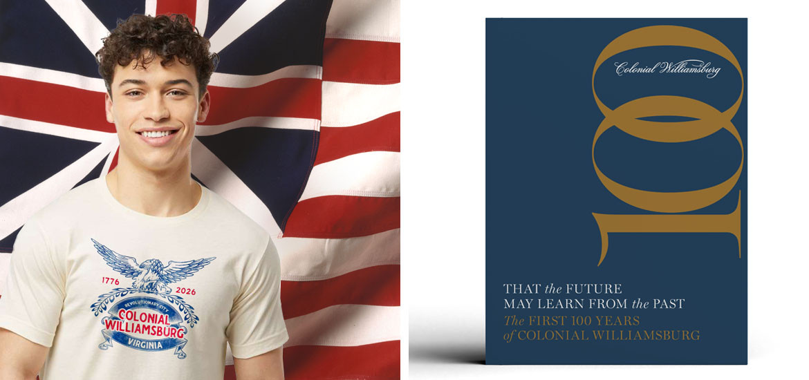 Picture of a Colonial Williamsburg 250th Anniversary T-Shirt and 100th Anniversary Book.