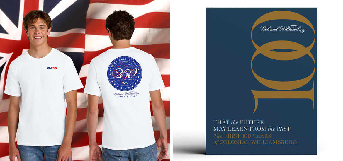 Picture of a man wearing a Colonial Williamsburg July 4th T-Shirt and 100th anniversary book.