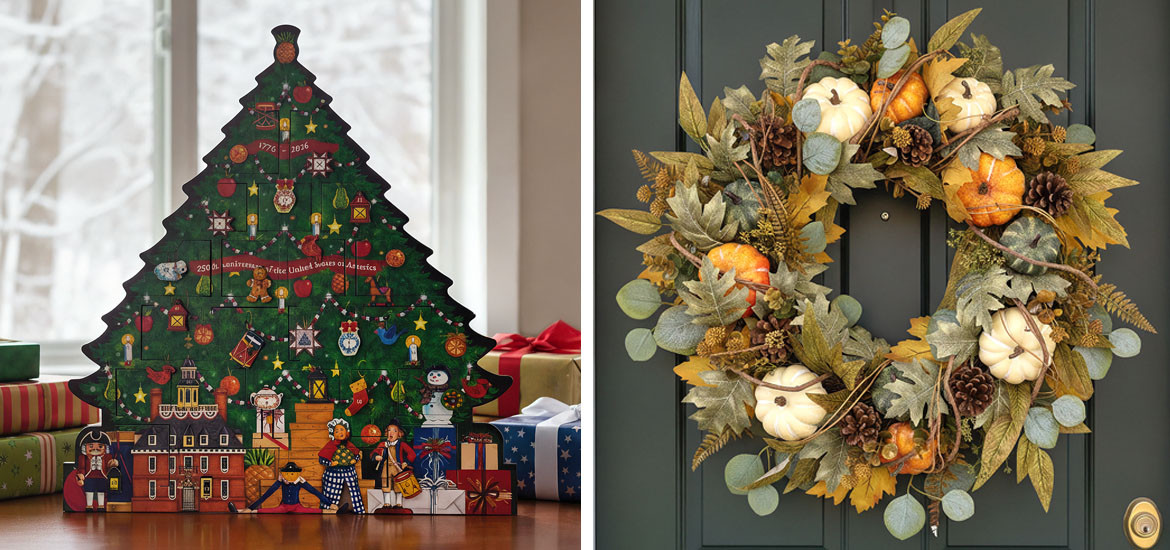 Picture of 2026 Byers' Choice 250th Anniversary Advent Calendar and a fall wreath with pumpkins.