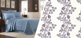 Picture of Abby Blue bedding and trailing vines purple reproduction fabric.