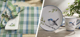 Picture of Wren table linens and Aviary plate and mug.
