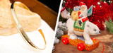 Picture of Gold Beaded C-Band Bracelet and Vaillancourt Chalkware Santa on Polar Bear figurine.