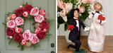 Picture of red and pink peony spring wreath and Valentine's Day carolers