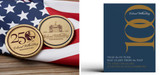 Picture of Colonial Williamsburg anniversary challenge coin and Colonial Williamsburg 100 Years book.