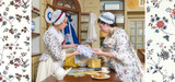 Picture of Apprentices at the Margaret Hunter Millinery Trade Shop wearing clothing made from Colonial Williamsburg reproduction fabrics.