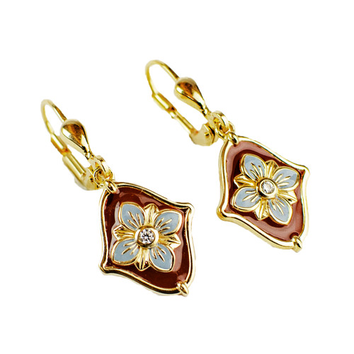 Burgundy Flower Enamel 18k Gold Plate Drop Earrings