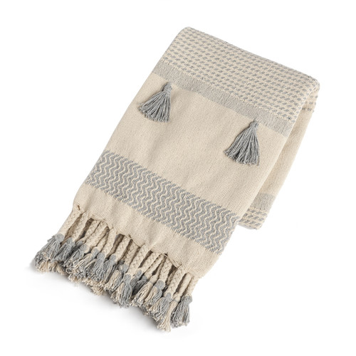 Cream & Grey Pattern Stripe Throw with Braided Tassels | The Shops at Colonial Williamsburg