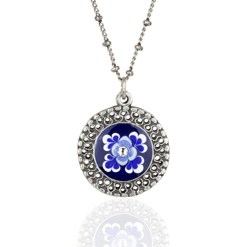 Blue & White Round Flower Necklace with Crystals by Anne Koplik | The Shops at Colonial Williamsburg