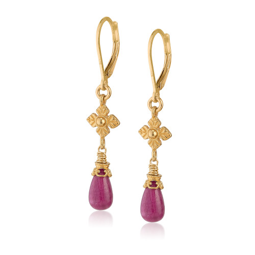 Ruby Briolette Drop Earrings with Flower Detail in Gold Vermeil by Anatoli | The Shops at Colonial Williamsburg