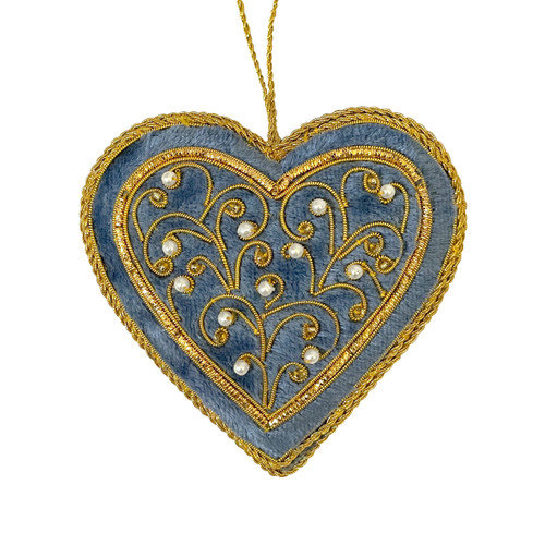 Blue, Pearl, & Gold Flourish Heart Fabric Ornament | The Shops at Colonial Williamsburg