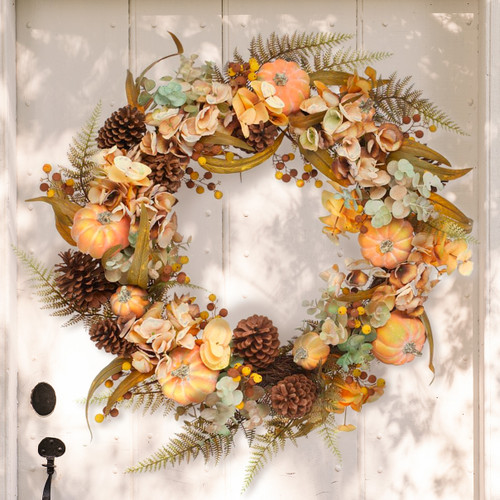 Orange Pumpkin & Hydrangea Fall Wreath 26" | The Shops at Colonial Williamsburg Orange Pumpkin & Hydrangea Fall Wreath 26" | The Shops at Colonial Williamsburg