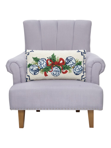 Chinoiserie Ornaments Hooked Wool Lumbar Holiday Pillow 12" x 22" | The Shops at Colonial Williamsburg