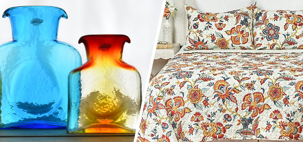 Picture of Blenko glass water bottles and Kennedy bedding