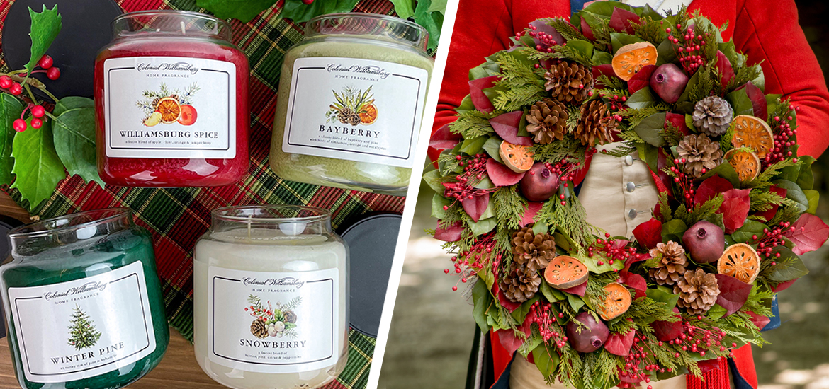 Picture of holiday scented candles and fruit wreath from Williamsburg