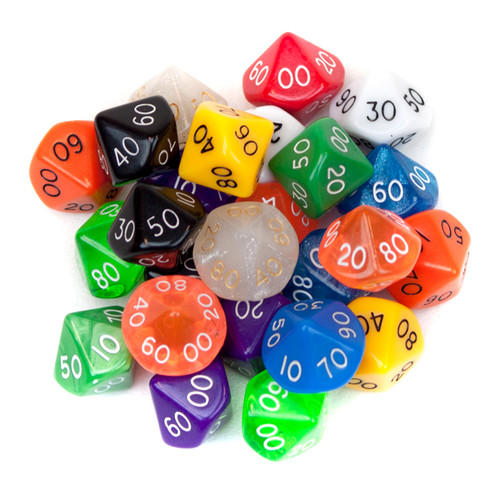 25 Pack of Random D10(00) Polyhedral Dice in Multiple Colors