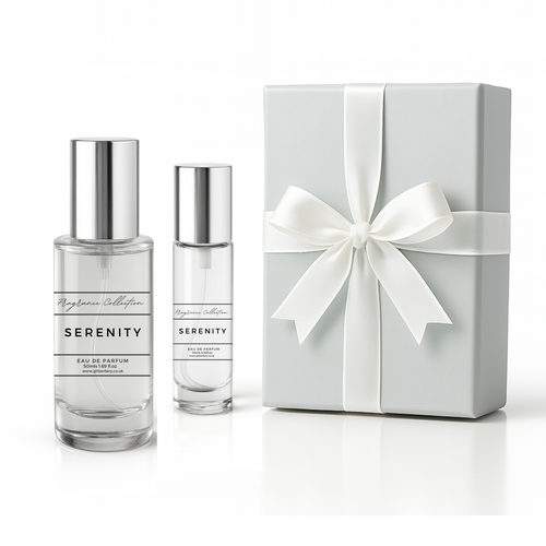 Serenity Eau de Parfum gift set with 50ml and 10ml bottles. Inspired by a popular clean, floral fragrance. Beautifully packaged in a white gloss gift box with ribbon. Serenity Eau de Parfum gift set with 50ml and 10ml bottles. Inspired by a popular clean, floral fragrance. Beautifully packaged in a white gloss gift box with ribbon.