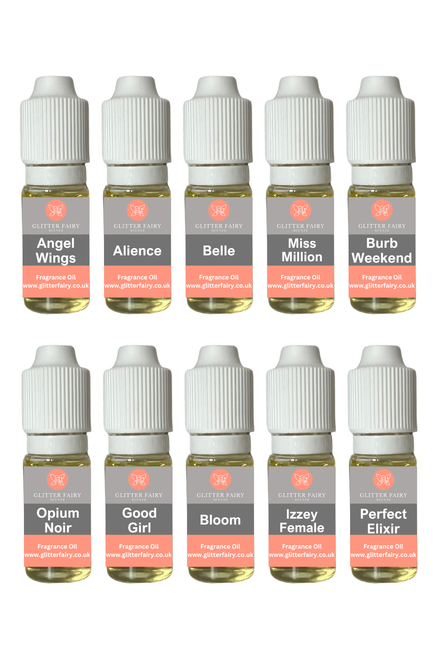 Luxury perfume style fragrance oil mega bundle containing 10 x 10ml premium fragrance oils. Ideal for wax melts, candles, diffusers, soap making and home fragrance.