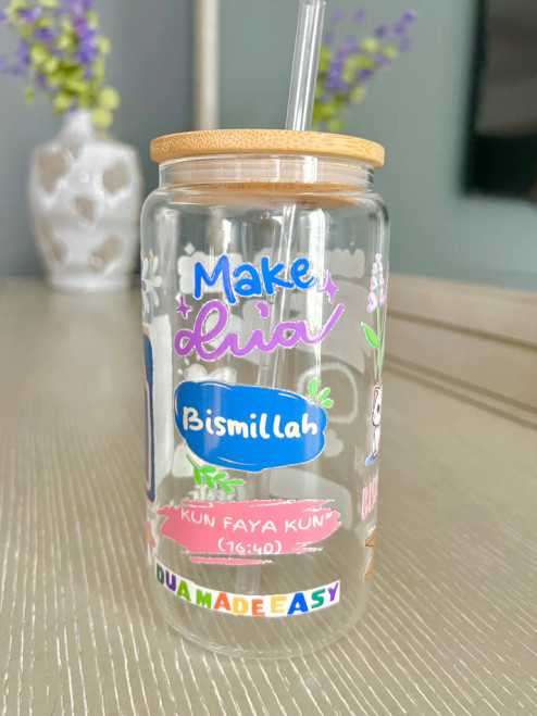 Glass Tumbler with Straw & Stickers