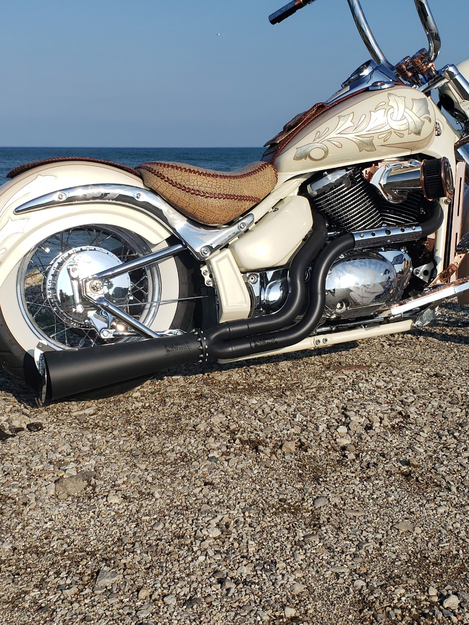 Blacksmith Motoring Boulevard Brawler 44 Magnum Exhaust System Suzuki C50, Volusia VL800  shown with optional trucker cap and blow out heat shield