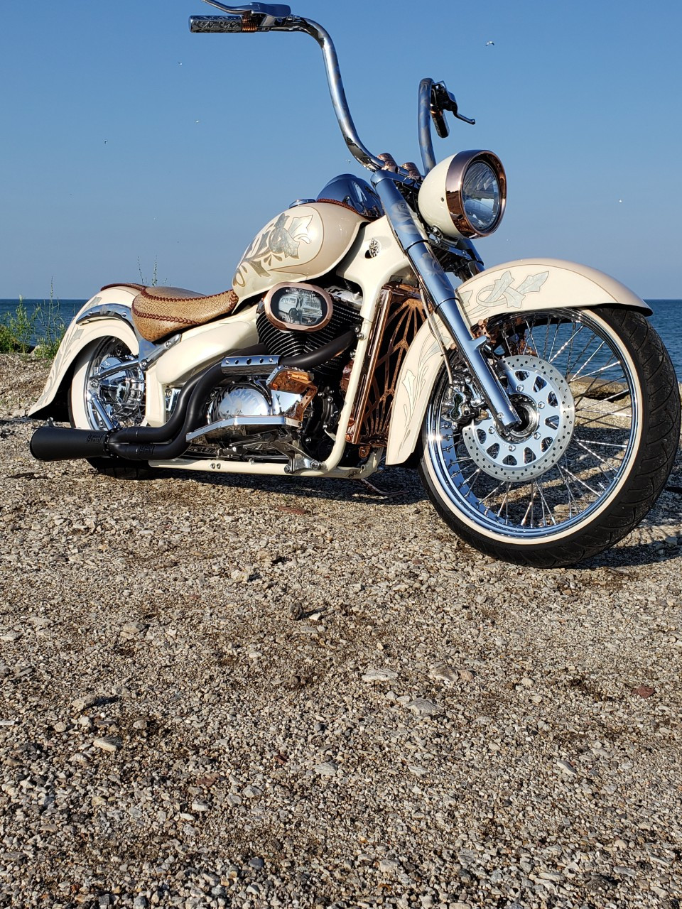 Blacksmith Motoring Boulevard Brawler 44 Magnum Exhaust System Suzuki C50, Volusia VL800  shown with optional trucker cap and blow out heat shield