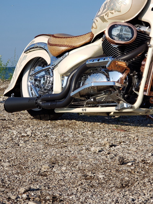 Blacksmith Motoring Boulevard Brawler 44 Magnum Exhaust System Suzuki C50, Volusia VL800  shown with optional trucker cap and blow out heat shield